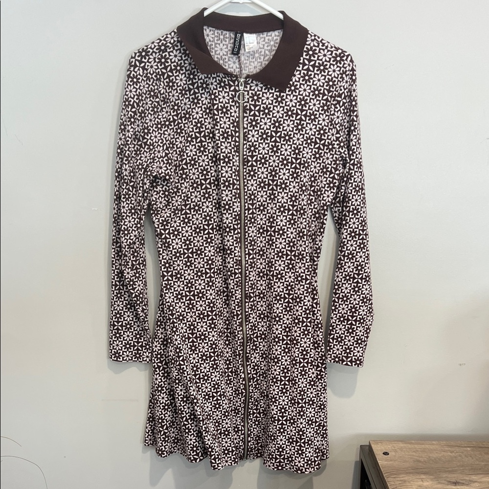H&M Brown and White Floral Long Sleeve Dress size XL
